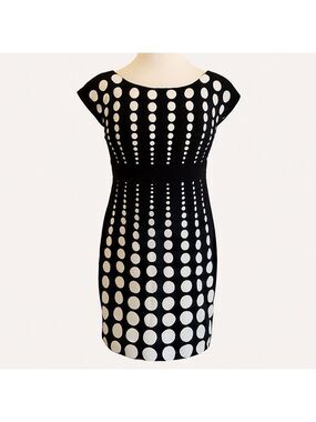 Maggy London sheath pleated dress Melanie Lyne black white dots empire waist 14